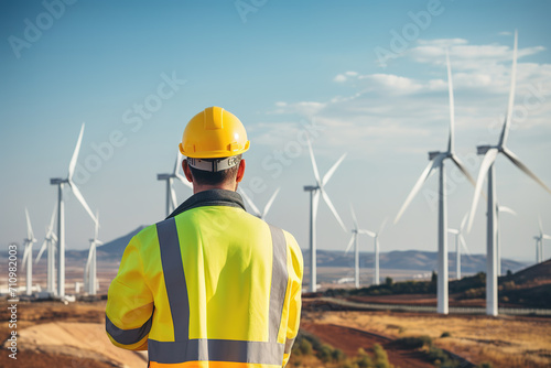 Wind turbine engineer standing controling wind turbine energy generation on the background of windmills.