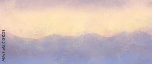 Misty mountains and sunrise sky. Watercolor vector landscape for design interior, flyers, poster, cover, banner. Modern hand draw watercolor painting.