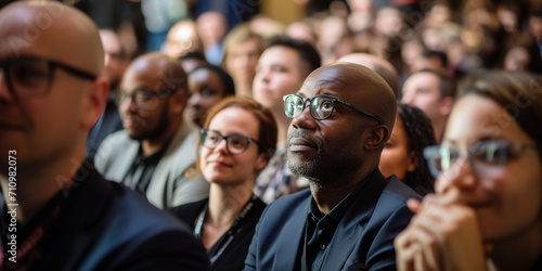 Black businessman sitting in crowded auditorium at an international business conference.