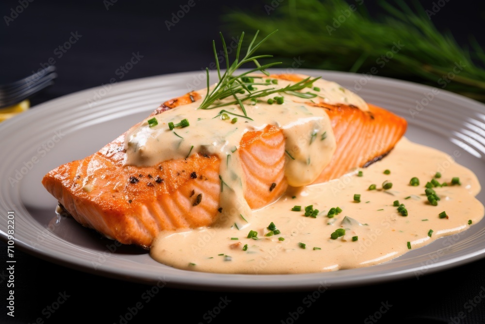 Salmon with sauce on plate. Salmon with sauce on plate.