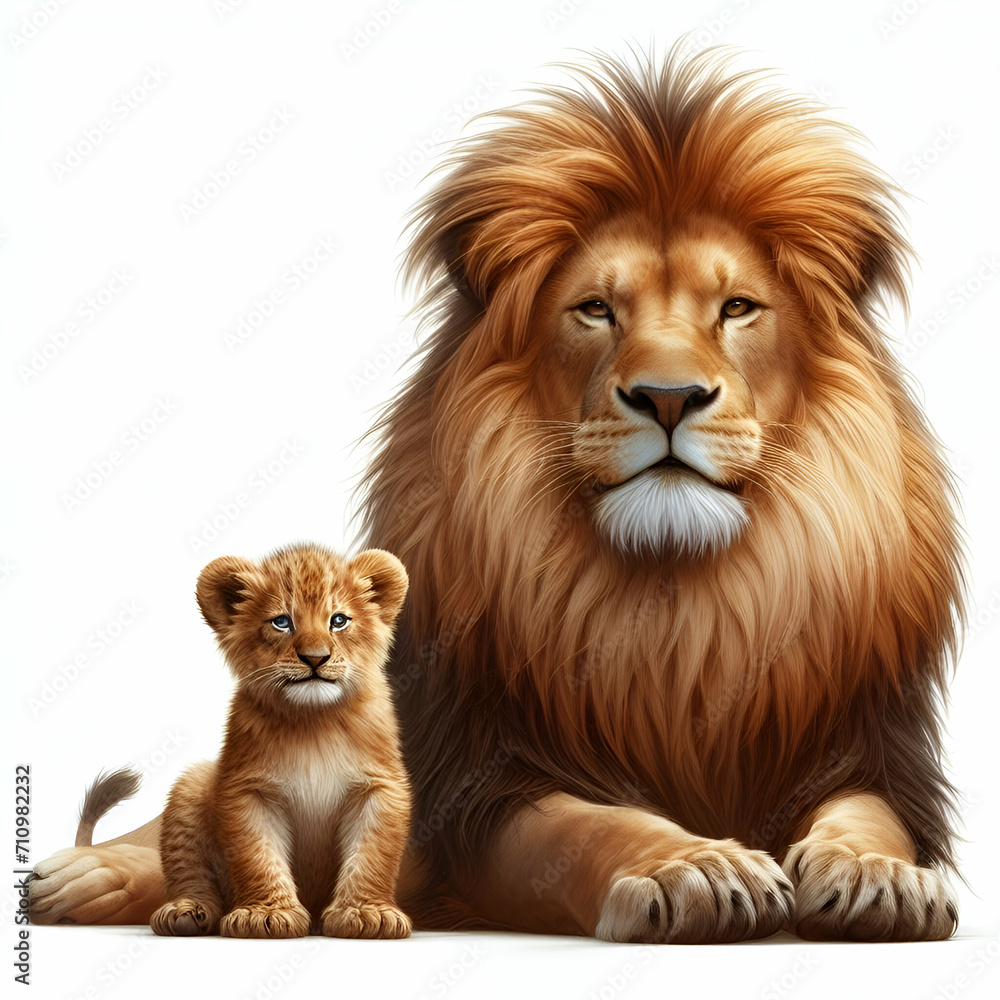 Obraz premium lion and lion cub isolated on white background