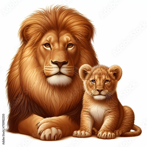 lion and lion cub isolated on white background