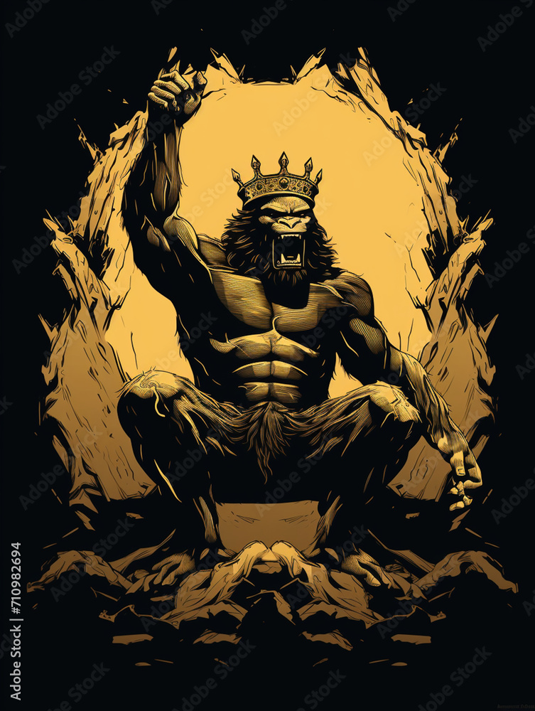 Fototapeta premium T-shirt design, all black vector of king kong beating chest, full perspective full body, wearing a golden crown created with Generative Ai