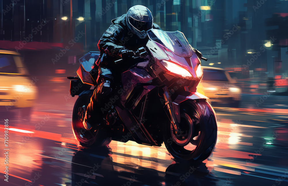 Man person riding a motorcycle on rainy neon lit road in city, in the style of cybepunk with luminous light quality