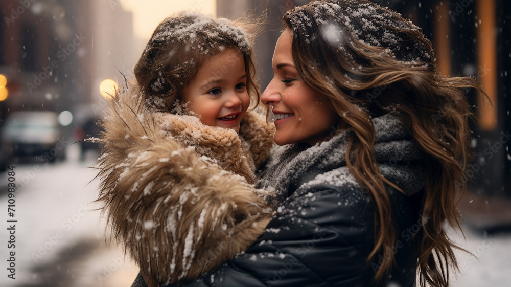 mother with little daughter on the street in winter mother with little daughter on the street in winter