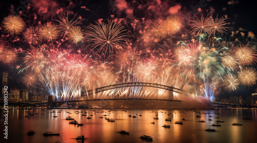 Chinese new year eve fireworks over a bridge 