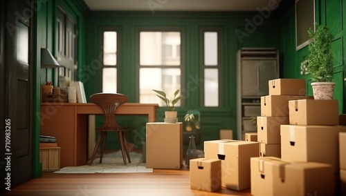 A green room with a desk, chair, and boxes