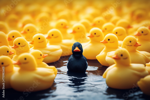 Black duck standing out from the crowd of yellow ducks. photo