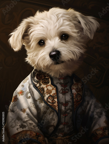 A portrait of a handsome large white curly haired dog, male dog, wearing traditional Chinese clothing half-length portrait The clothes have tra created with Generative Ai photo