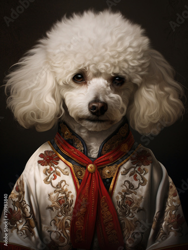 A portrait of a handsome large white curly haired dog, male dog, wearing traditional Chinese clothing half-length portrait The clothes have tra created with Generative Ai © Andrii Yablonskyi