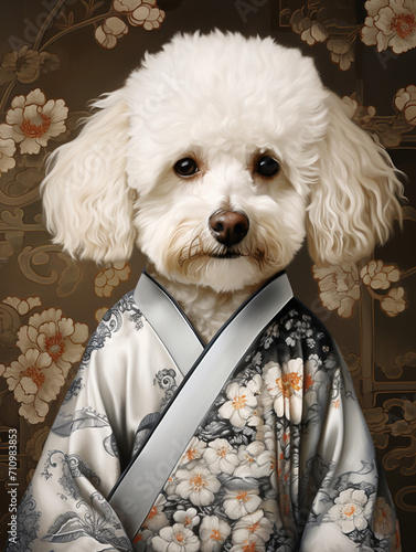 A portrait of a handsome large white curly haired dog, male dog, wearing traditional Chinese clothing half-length portrait The clothes have tra created with Generative Ai photo