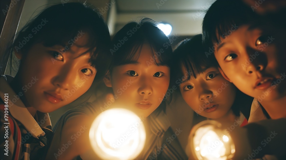 A group of young Korean boys and girls holding flashlights. A group of young Korean boys and girls holding flashlights.