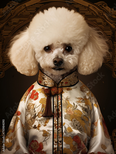 A portrait of a handsome large white curly haired dog, male dog, wearing traditional Chinese clothing half-length portrait The clothes have tra created with Generative Ai photo