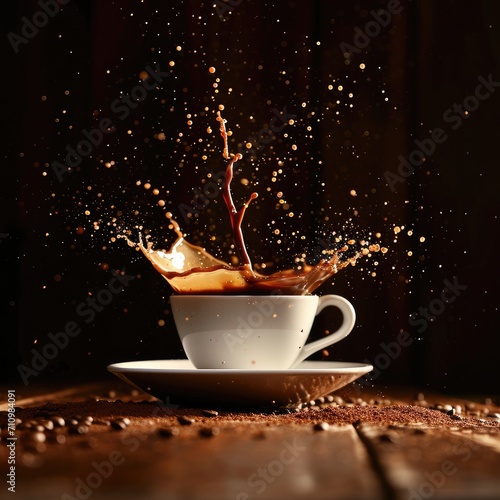 Cup of coffee in the air with coffee splashes