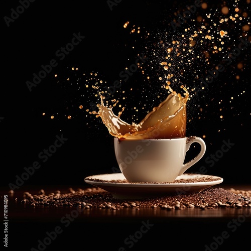 Cup of coffee in the air with coffee splashes photo