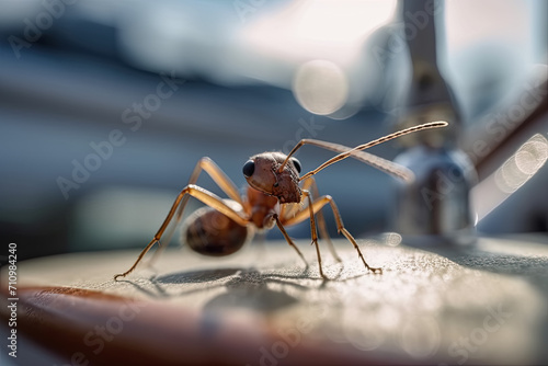 Red ant is standing on table next to blurred out bottle outdoors. Ant has long neck and large eyes.