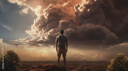 Man looking up at approaching dark clouds