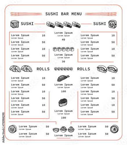 Restaurant sushi menu template. Isolated vector set of asian food in hand drawn doodle style on a white backgroud. Wasabi, ginger, soy sauce and sushi sticks.