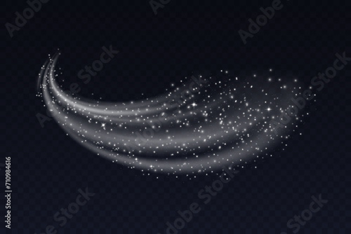 Silver dust cloud with sparkles isolated on dark background. Stardust sparkling background. Glowing glitter smoke or splash. Vector illustration. Christmas decoration