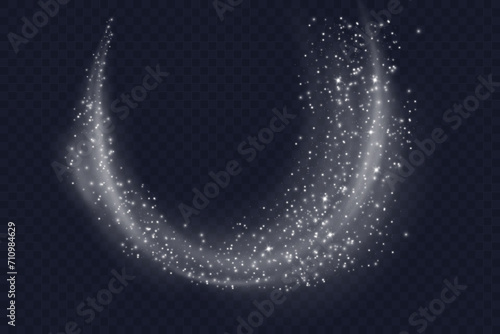 Silver dust cloud with sparkles isolated on dark background. Stardust sparkling background. Glowing glitter smoke or splash. Vector illustration. Christmas decoration