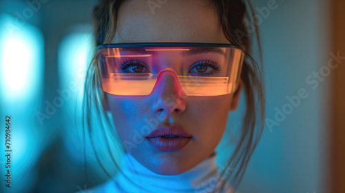 A girl wearing safety goggles, with virtual goggles displaying information