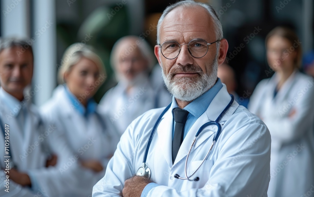 A doctor man is standing against the background of other doctors A doctor man is standing against the background of other doctors
