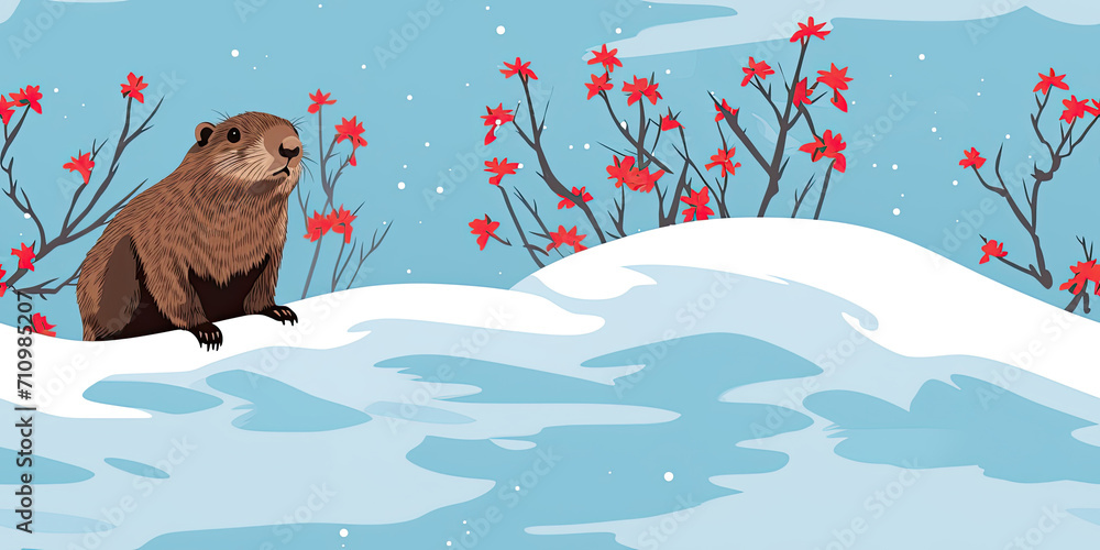 Fototapeta premium Cartoon marmot with red winter blooms on a snowy landscape.Groundhog Day. World Wildlife Day