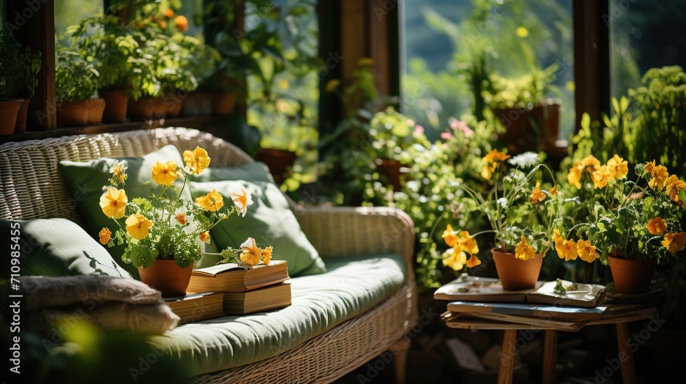 A cozy sunroom with a wicker sofa and lots of plants