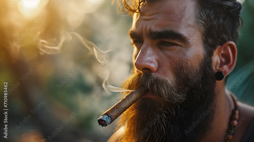 Portrait of a breaded man smoking cigar - obrazy, fototapety, plakaty 