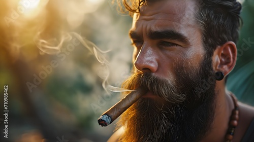 Portrait of a breaded man smoking cigar photo