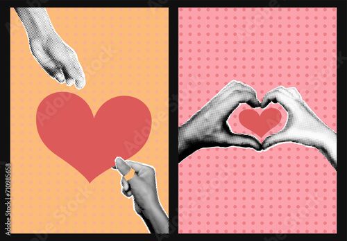 Valentines day halftone collage posters set. Hands of lovers holding hearts on dotted background. Modern retro cards, postcards, banner templates with copy space, pop art vector illustration