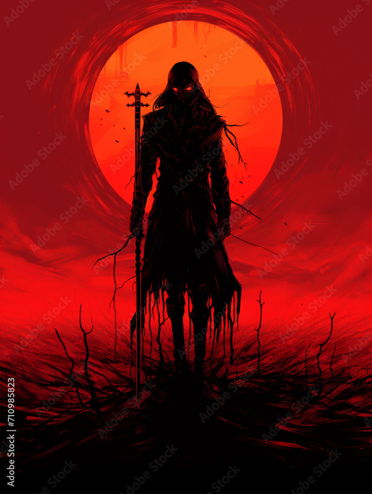 T-shirt design, a creep carrying a scythe near a red sun, in the style of dark palette created with Generative Ai