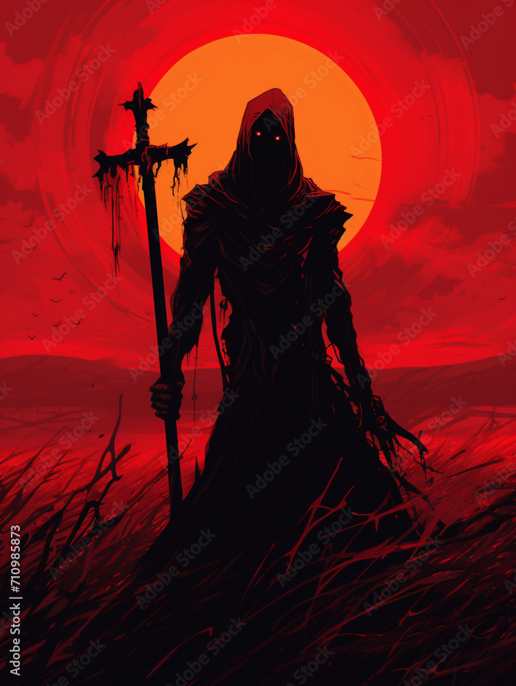 T-shirt design, a creep carrying a scythe near a red sun, in the style of dark palette created with Generative Ai T-shirt design, a creep carrying a scythe near a red sun, in the style of dark palette created with Generative Ai