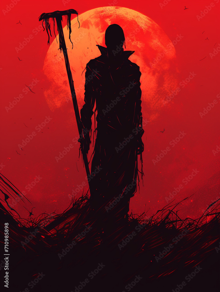T-shirt design, a creep carrying a scythe near a red sun, in the style of dark palette created with Generative Ai