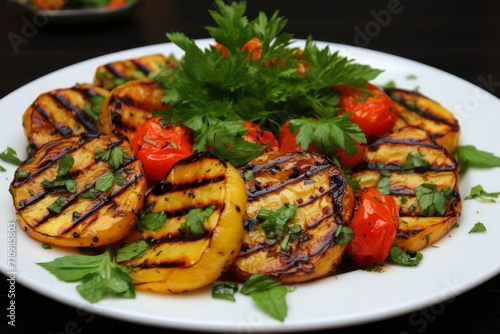 Grilled Veggie Medley in Exquisite Dishware. A Heavenly Blend of Colors and Flavors.