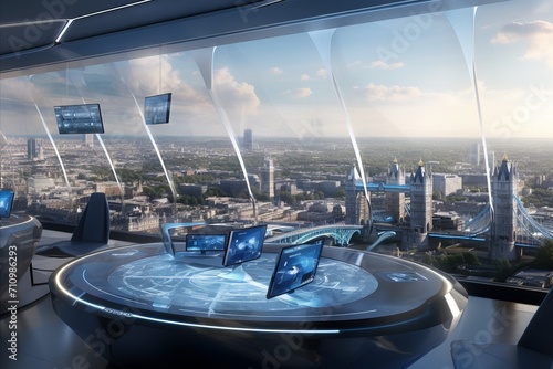 Futuristic office interior with round table and screens, skyscrapers visible outside the window