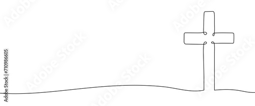 Christian cross one continuous line banner template with copy space for text. Minimal vector illustration isolated on white background. Faith, religion, hope rescue concept