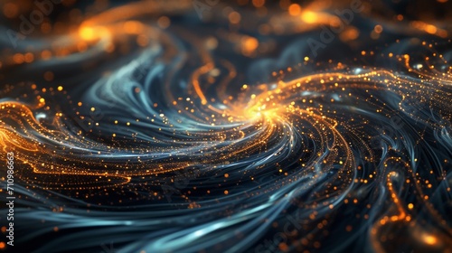Generative AI image of High-tech background with flowing lines and stars, dark indigo and orange, data visualization