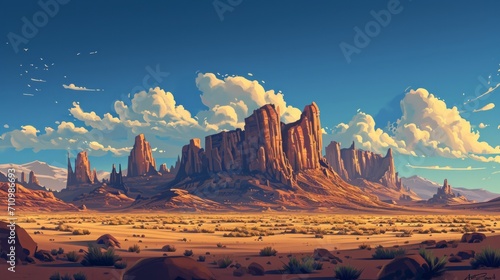 Painting of a Desert Scene With Mountains and Clouds