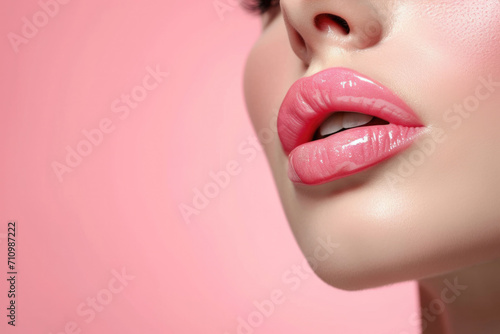 Beautiful juicy glossy lips painted with pink lipstick on pink background