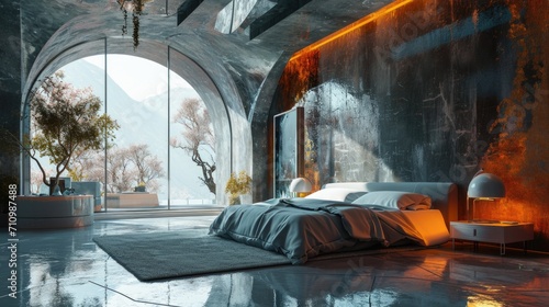 futuristic large bedroom with a large bed in metallic color with a liquid surface in silver-gold color in the style of molten metal,