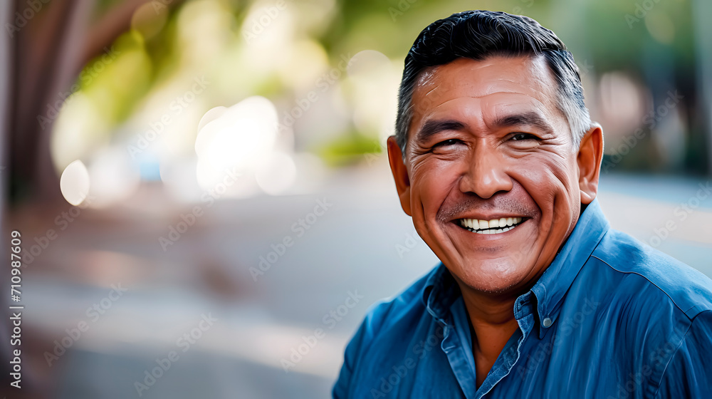 A 55-years-old latino man in blue shirt smiling. Space for text.
A 55-years-old latino man in blue shirt smiling. Space for text.