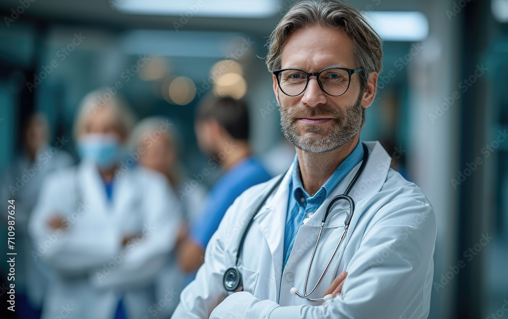 A doctor man is standing against the background of other doctors A doctor man is standing against the background of other doctors