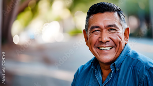 A 55-years-old latino man  in blue shirt smiling. Space for text.	
 photo