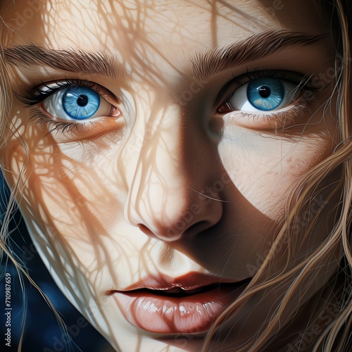 Portrait of a young woman with blue eyes and brown hair photo