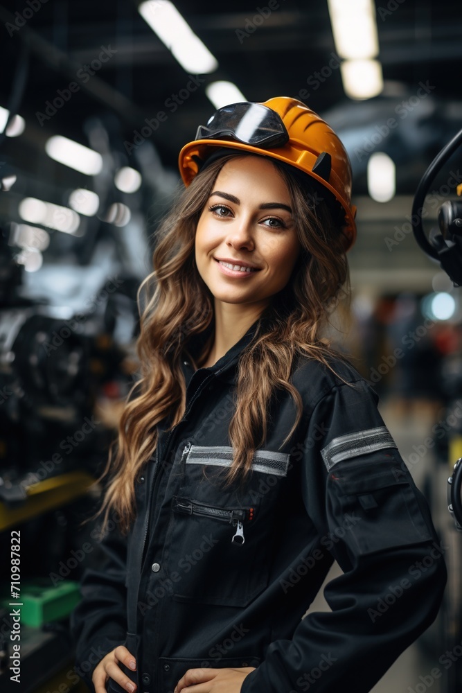 Portrait of a female factory worker wearing a hard hat Portrait of a female factory worker wearing a hard hat