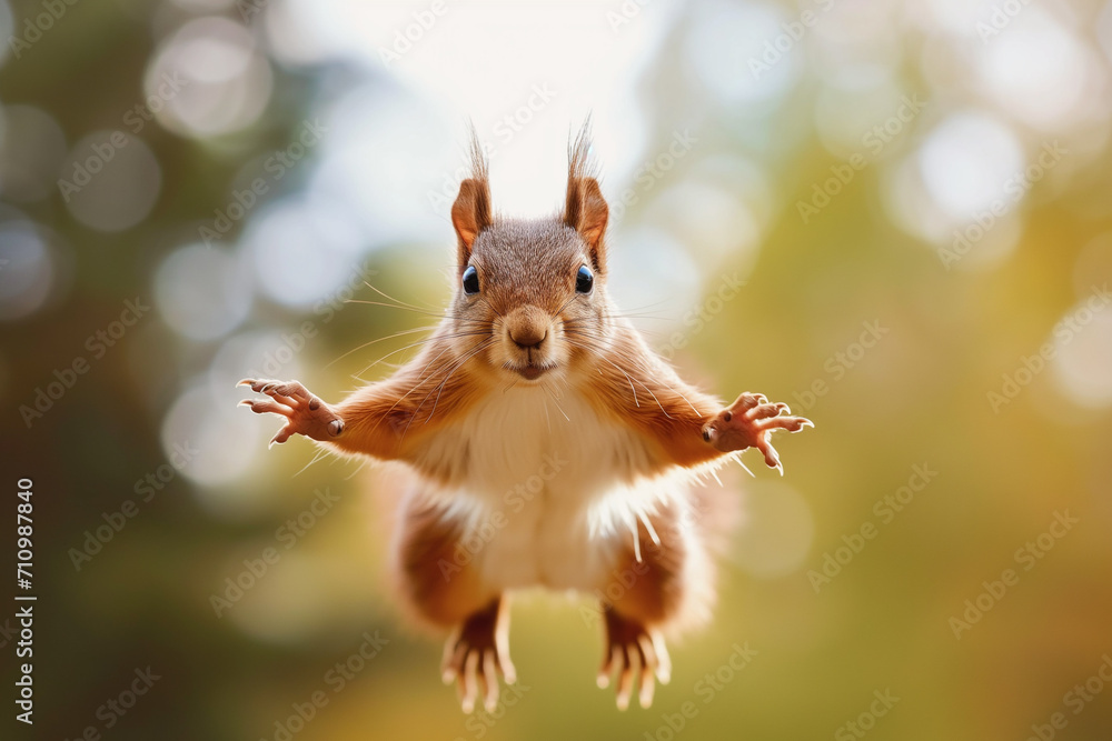 Red Squirrel Jumping. Red squirrel in the forest looking at the camera. flying squirrel. Red Squirrel jumps towards the camera, isolated on a green background - obrazy, fototapety, plakaty 