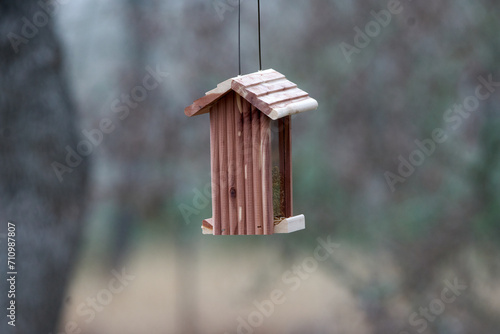 Small Cedar Hanging bird feeder with defused winter background