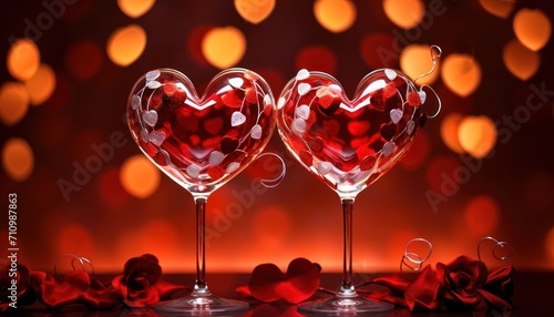 heart shape wine glasses and roses, over a red background with red velvet
