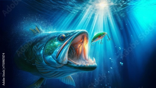 Bass fish chasing a lure underwater with sun rays penetrating the deep blue sea photo